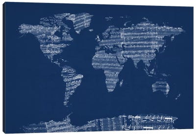 World Map Sheet Music (Blue) Canvas Art Print - Large Map Art