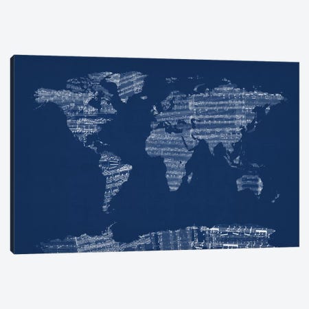 World Map Sheet Music (Blue) Canvas Print #12824} by Michael Tompsett Canvas Wall Art