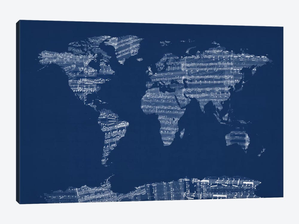 World Map Sheet Music (Blue) by Michael Tompsett 1-piece Canvas Art Print