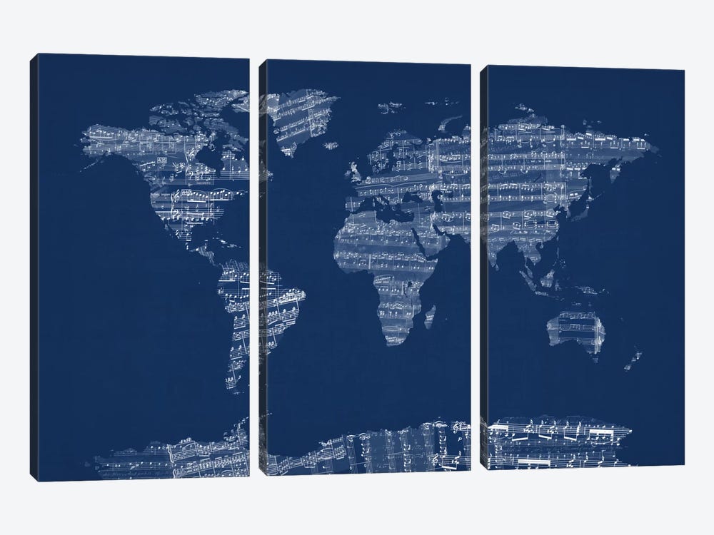 World Map Sheet Music (Blue) 3-piece Canvas Art Print