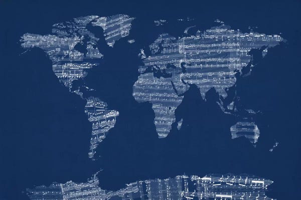 Music Notes: World Map Sheet Music (Blue) by Michael Tompsett