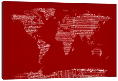 World Map Sheet Music (Red) Canvas Art Print - Maps & Geography