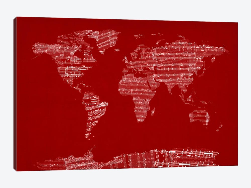 World Map Sheet Music (Red) by Michael Tompsett 1-piece Canvas Art