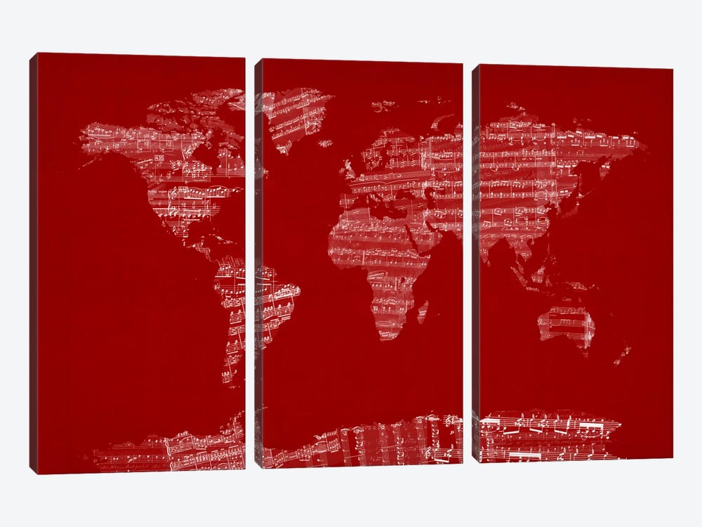 World Map Sheet Music (Red) by Michael Tompsett 3-piece Canvas Artwork