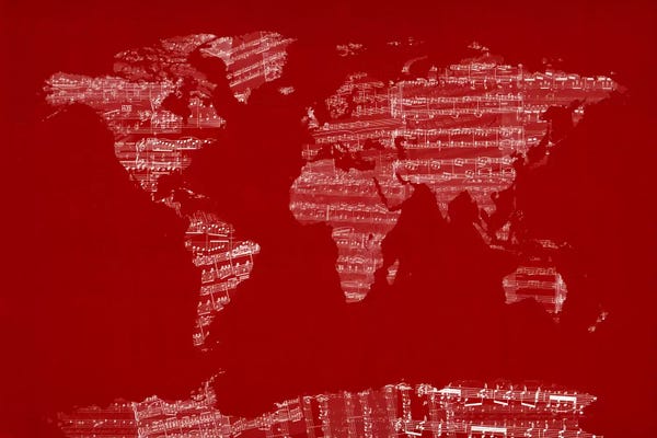 Music Notes: World Map Sheet Music (Red) by Michael Tompsett