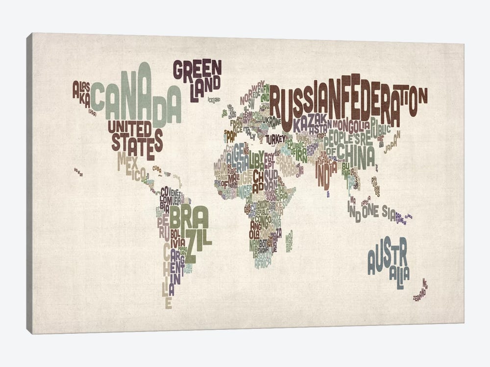 Typographic World Map VI by Michael Tompsett 1-piece Canvas Art Print