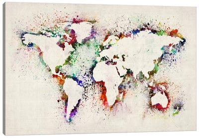 Map of The World Paint Splashes Canvas Art Print - Kids Educational Art
