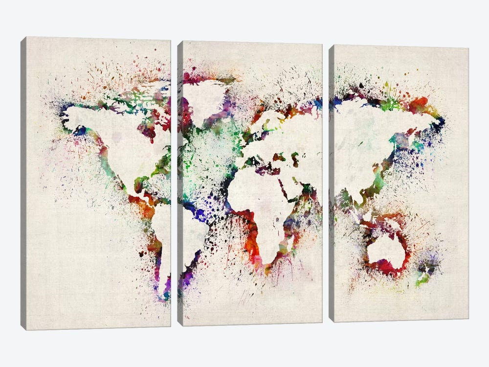 Map of The World Paint Splashes by Michael Tompsett 3-piece Canvas Artwork
