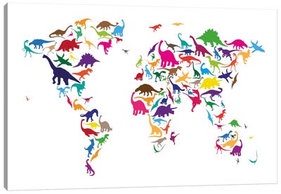 Dinosaur Map of The World Map II Canvas Art Print - Maps & Geography