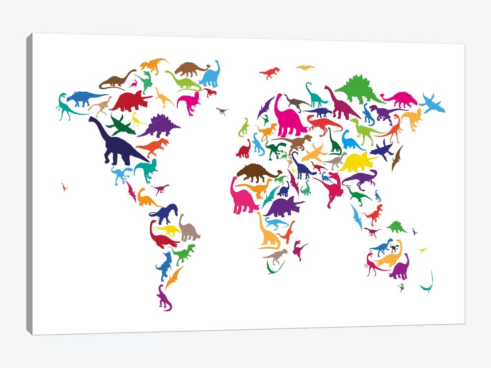 Dinosaur Map of The World Map II by Michael Tompsett 1-piece Canvas Art Print