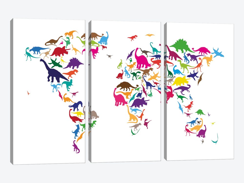 Dinosaur Map of The World Map II 3-piece Canvas Print