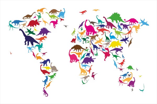 Michael Tompsett: Dinosaur Map of The World Map II by Michael Tompsett