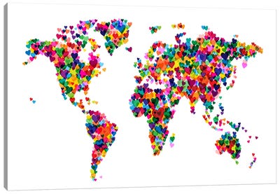 World Map Hearts (Multicolor) Canvas Art Print - Large Map Art