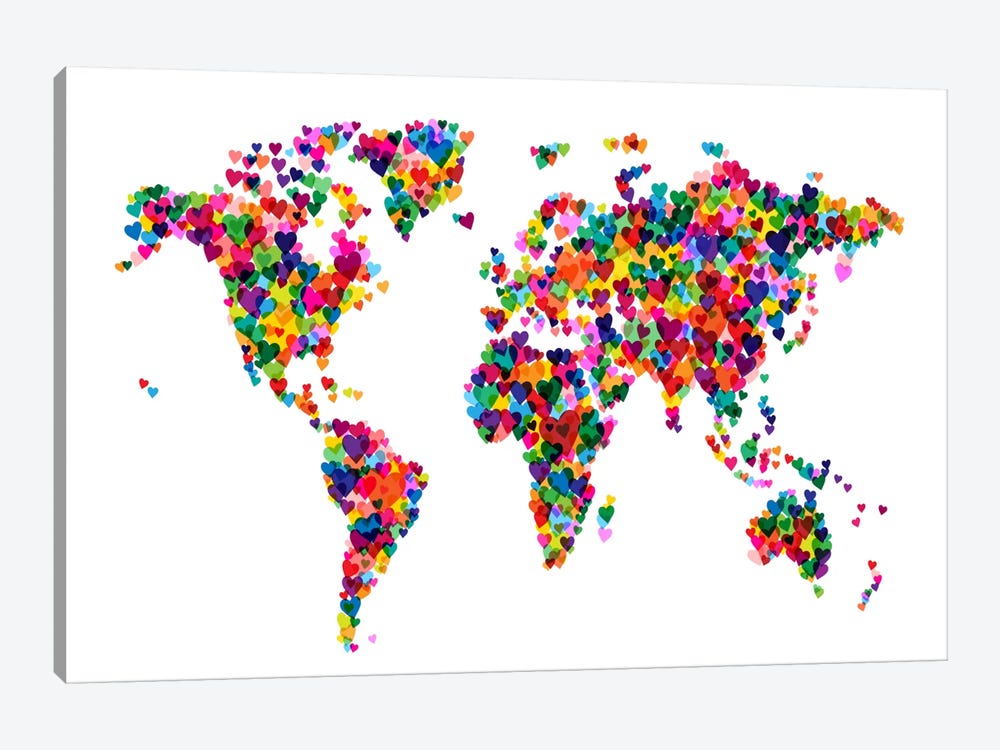 World Map Hearts (Multicolor) by Michael Tompsett 1-piece Canvas Artwork