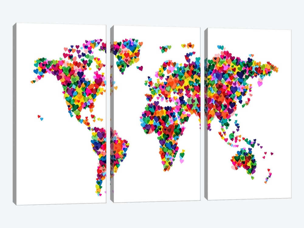 World Map Hearts (Multicolor) by Michael Tompsett 3-piece Canvas Wall Art