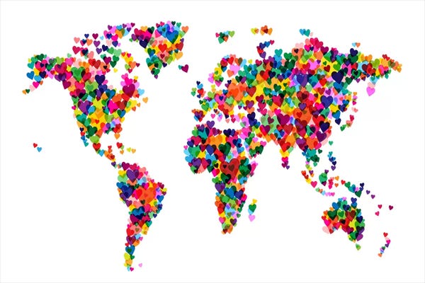 Michael Tompsett: World Map Hearts (Multicolor) by Michael Tompsett