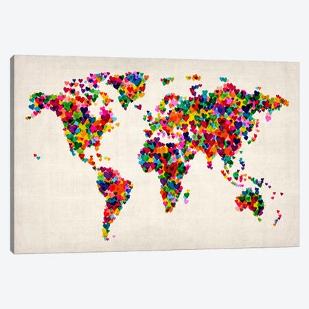 World Map Hearts (Multicolor) II Canvas Print #12830} by Michael Tompsett Canvas Artwork