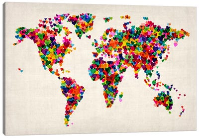 World Map Hearts (Multicolor) II Canvas Art Print - Large Map Art