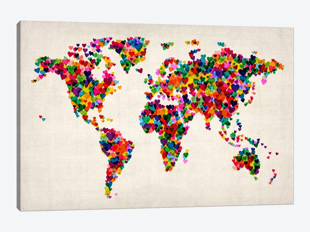 World Map Hearts (Multicolor) II by Michael Tompsett 1-piece Canvas Wall Art