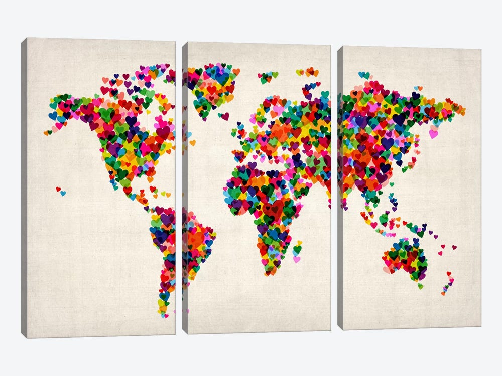 World Map Hearts (Multicolor) II by Michael Tompsett 3-piece Canvas Wall Art