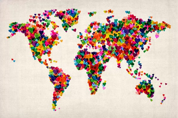 Kids Map Art: World Map Hearts (Multicolor) II by Michael Tompsett