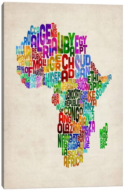 Typography Map of Africa II Canvas Art Print - Abstract Maps Art