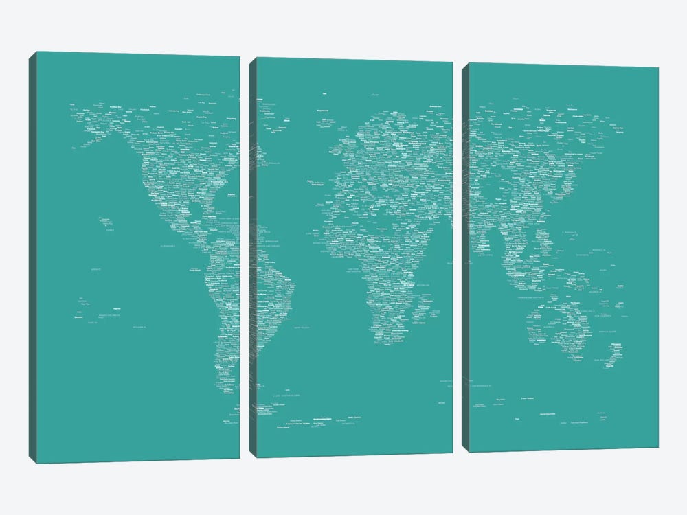 Font World Map (Green) by Michael Tompsett 3-piece Canvas Art Print