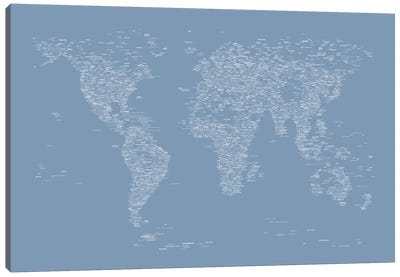 Font World Map (Light Blue) Canvas Art Print - Ice Blue & Cherry Red Art