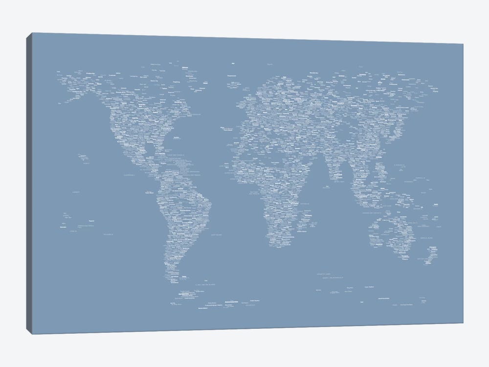 Font World Map (Light Blue) by Michael Tompsett 1-piece Canvas Print