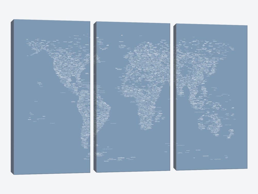 Font World Map (Light Blue) 3-piece Canvas Print