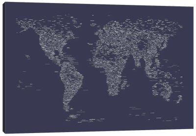 Font World Map (Navy Blue) Canvas Art Print - Industrial Décor