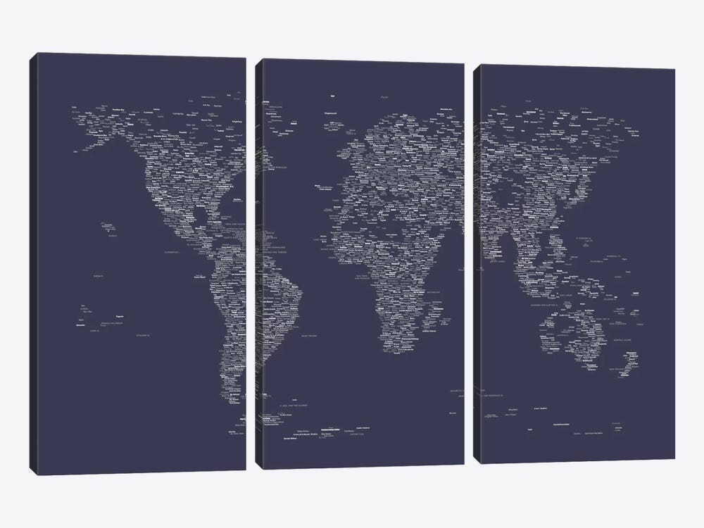 Font World Map (Navy Blue) 3-piece Canvas Artwork