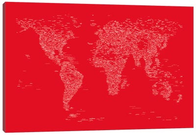 Font World Map (Red) Canvas Art Print - Abstract Maps Art