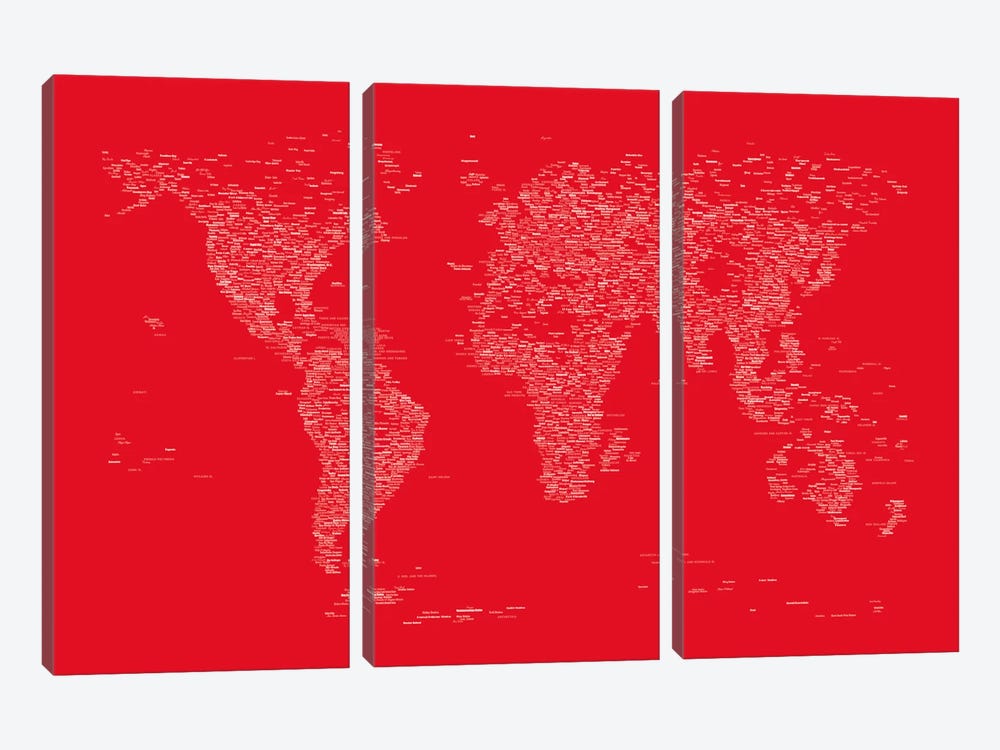 Font World Map (Red) by Michael Tompsett 3-piece Canvas Print