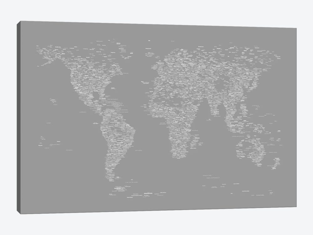 Font World Map (Gray) by Michael Tompsett 1-piece Canvas Art Print