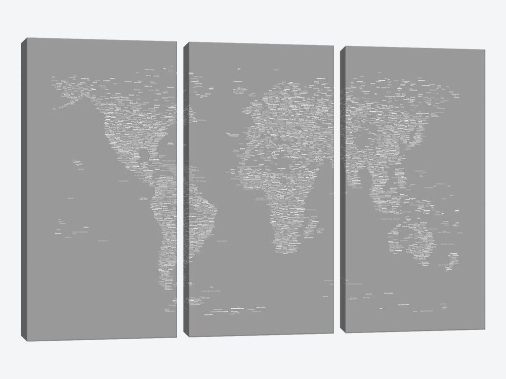 Font World Map (Gray) by Michael Tompsett 3-piece Canvas Art Print