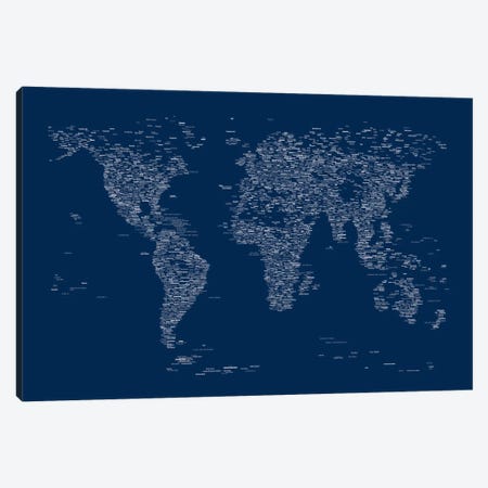 Font World Map (Blue) Canvas Print #12841} by Michael Tompsett Canvas Print