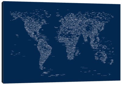 Font World Map (Blue) Canvas Art Print - Maps & Geography