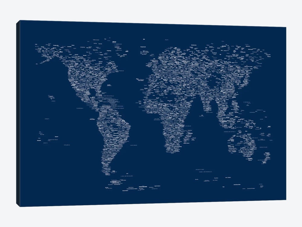 Font World Map (Blue) by Michael Tompsett 1-piece Canvas Art