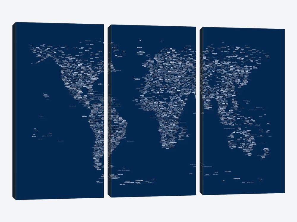 Font World Map (Blue) by Michael Tompsett 3-piece Canvas Artwork