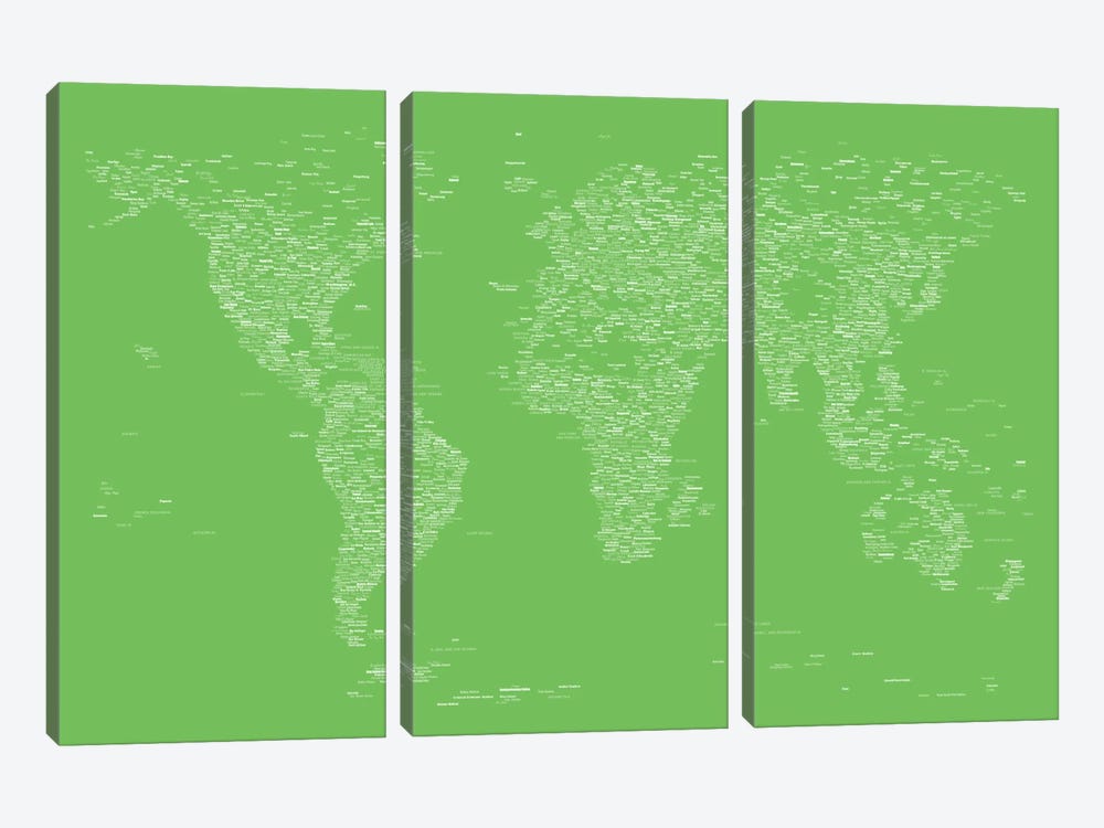 Font World Map (Light Green) by Michael Tompsett 3-piece Canvas Artwork