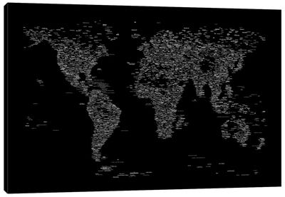 Font World Map (Black) Canvas Art Print - 3-Piece Map Art