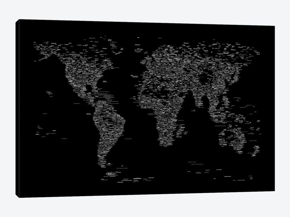 Font World Map (Black) by Michael Tompsett 1-piece Canvas Wall Art