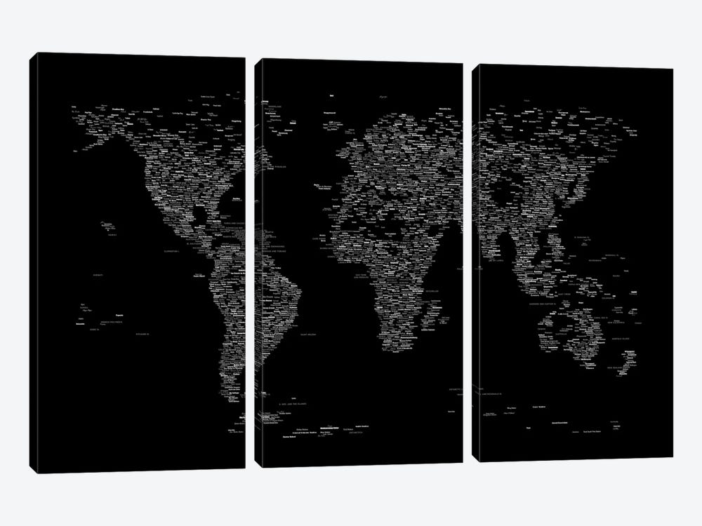 Font World Map (Black) by Michael Tompsett 3-piece Canvas Art