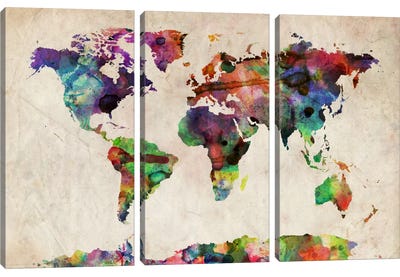 World Map Urba Watercolor II Canvas Art Print - 3-Piece Best Sellers