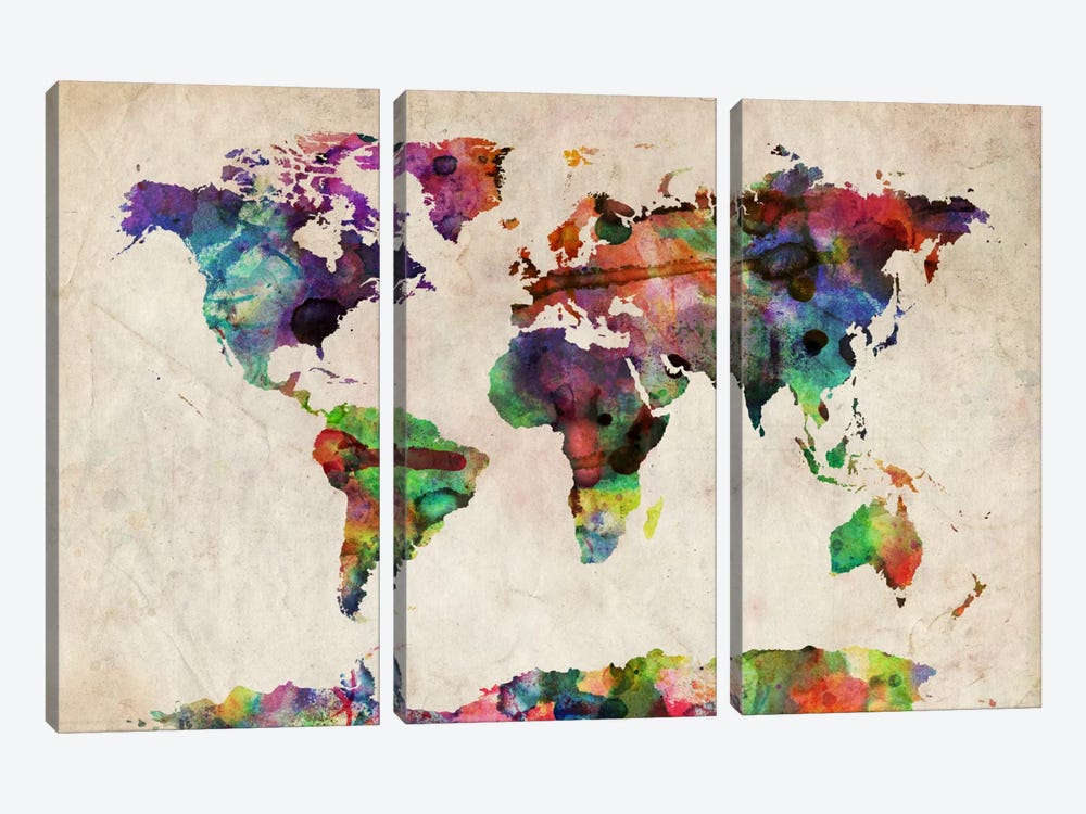 World Map Urba Watercolor II by Michael Tompsett 3-piece Canvas Art Print