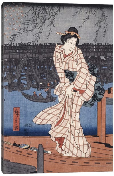 Ryogoku noryo ohanabi (Evening Cool and Great Fireworks at Ryogoku Triptych Panel II) Canvas Art Print - Glitch Effect