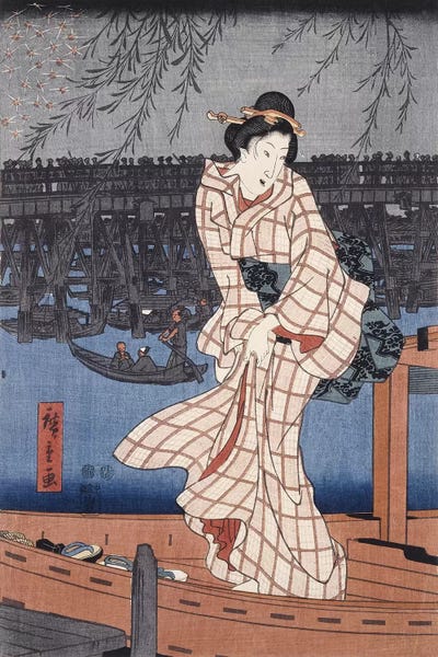 Utagawa Hiroshige: Ryogoku noryo ohanabi (Evening Cool and Great Fireworks at Ryogoku Triptych Panel II) by Utagawa Hiroshige