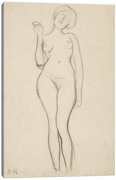 Stehender Frauenakt von vorne mit erhobenem rechtem Arm (Standing Femal Nude With Raised Right Arm) Canvas Art Print - All Things Klimt