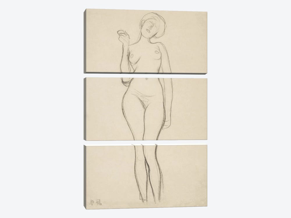 Stehender Frauenakt von vorne mit erhobenem rechtem Arm (Standing Femal Nude With Raised Right Arm) by Gustav Klimt 3-piece Canvas Print